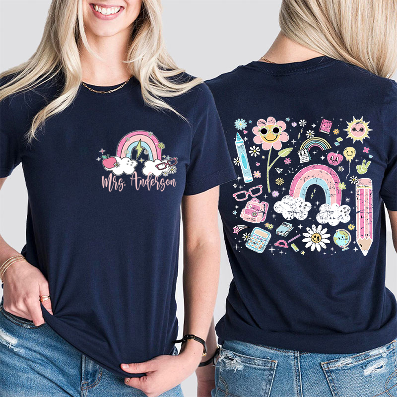 Personalized Pink Rainbow Cute Icon Teacher Two Sided T-Shirt