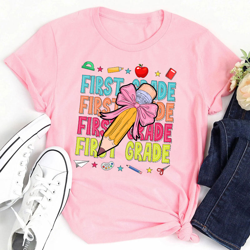 Personalized Class Bow Pencil Cute Icon Teacher T-Shirt