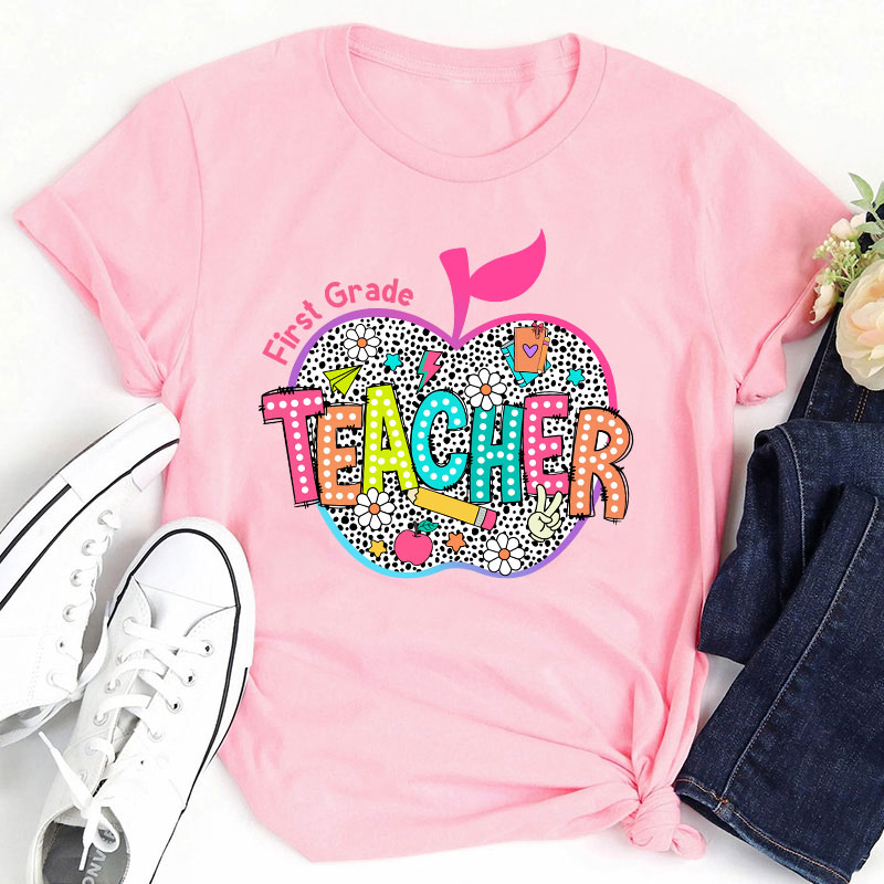 Personalized Neon Leopard Apple Grade Teacher T-Shirt