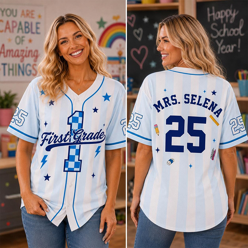 Personalized Grade And Name Preppy Stripes Check Number First Day Teacher Mesh Jersey