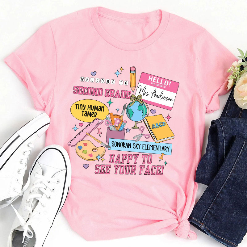 Personalized Teacher's Name School Name And Grade School Supplies Icon Teacher T-Shirt