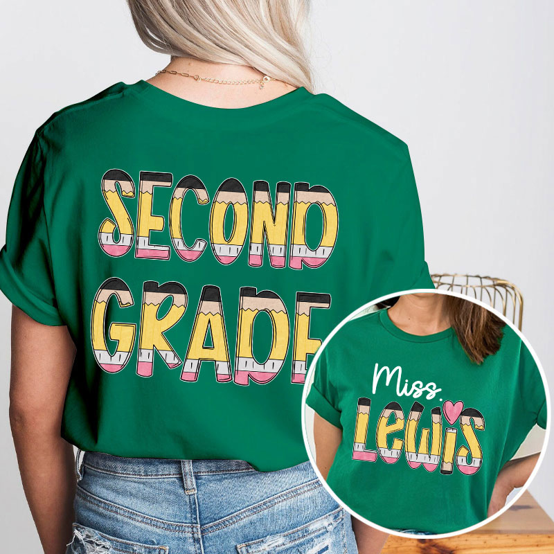 Personalized Teacher's Name And Grade Cartoon Pencil Font Design Teacher Two Sided T-Shirt