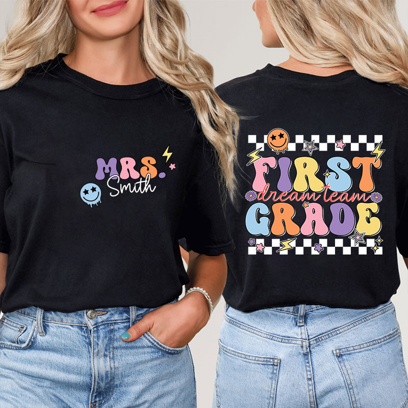 Personalized Teacher's Name And Grade Smiley Face Print Teacher Two Sided T-Shirt