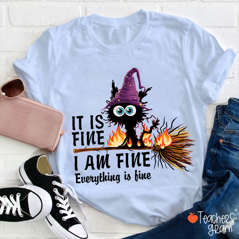 It Is Fine I Am Fine Everything Is Fine Halloween Broom Cat Teacher T-Shirt