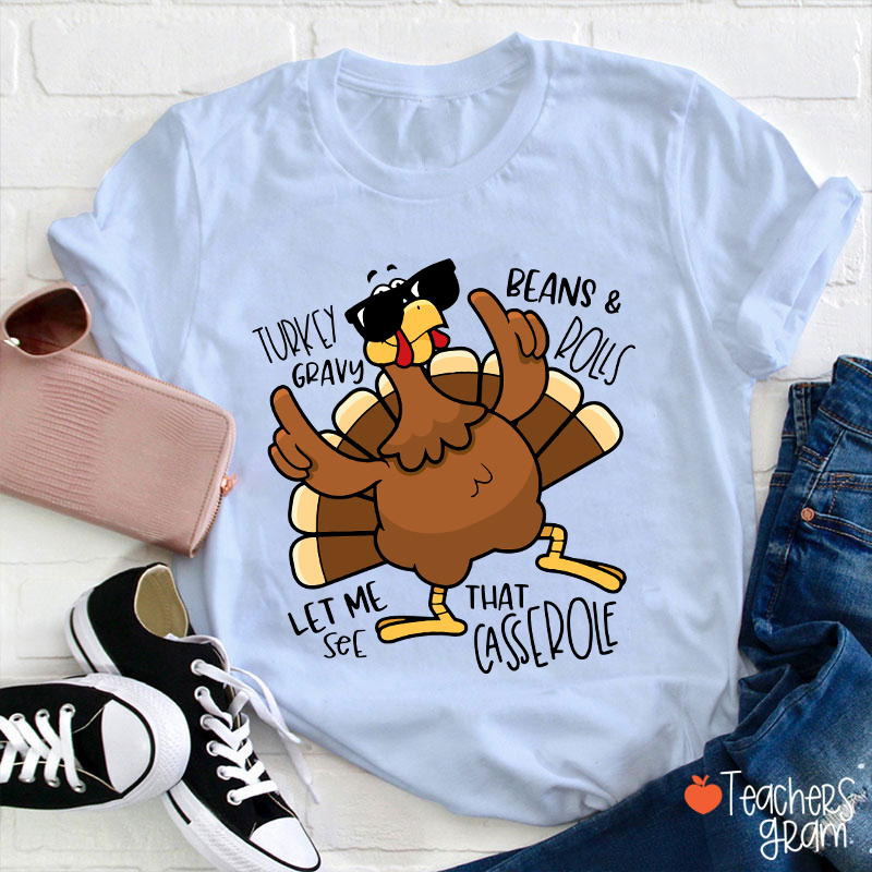 Turkey Gravy Beans Rolls Thanksgiving Teacher T-Shirt