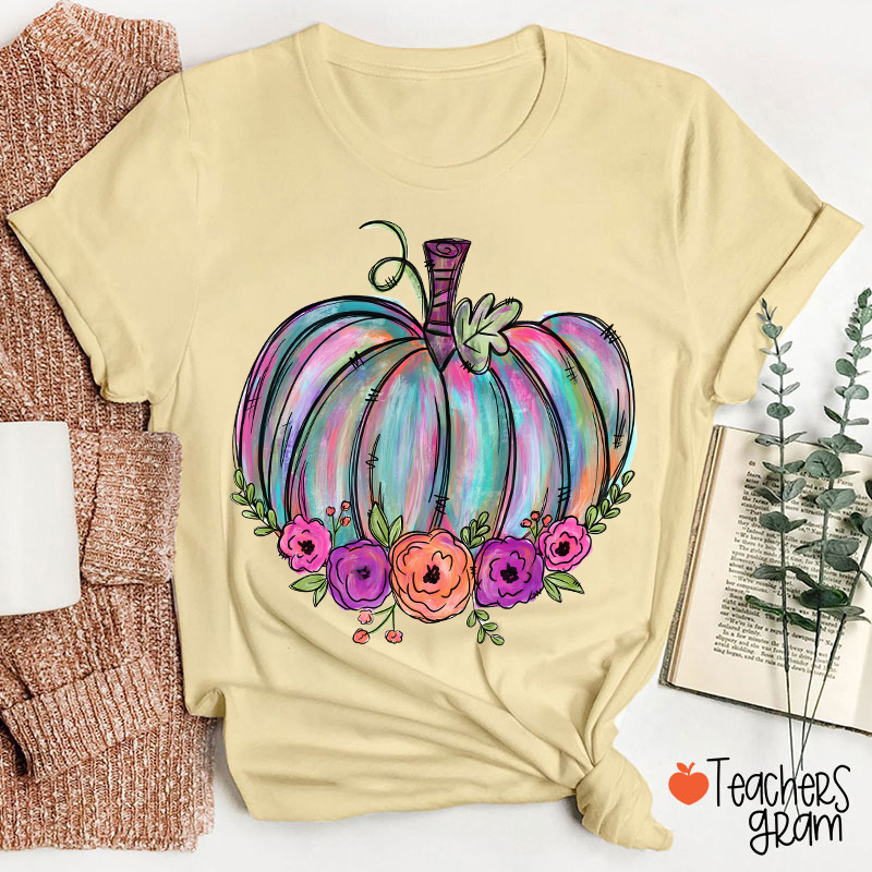 Colorful Pumpkin Watercolor Pumpkin Teacher T-Shirt
