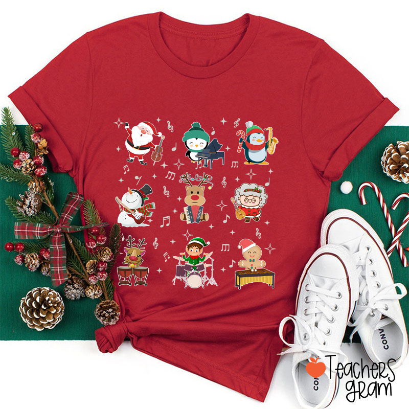 Cute Christmas Cartoons Playing Musical Instruments TeacherT-Shirt