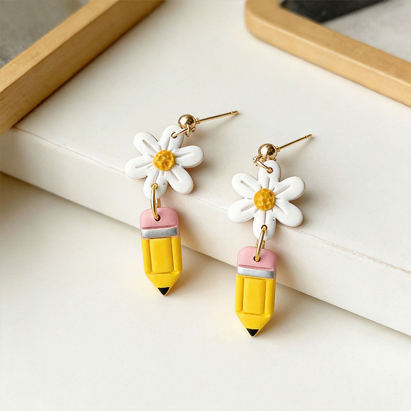 Flower Pencil Teacher Polymer Clay Earrings