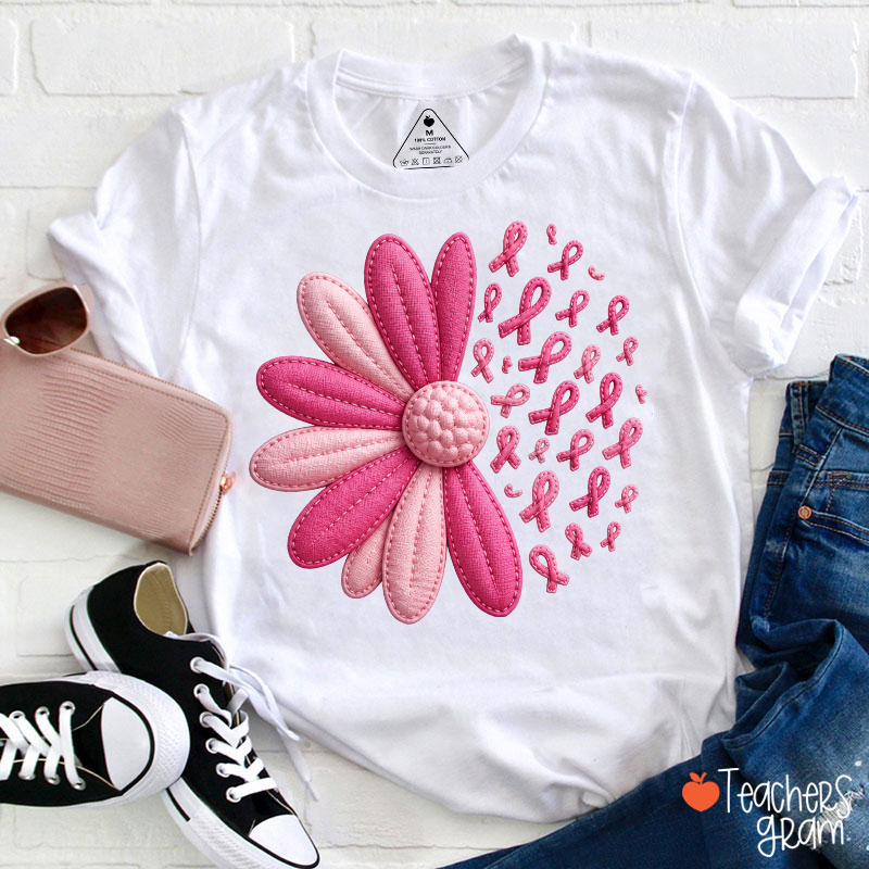Pink Daisy Breast Cancer Awareness Ribbon Teacher T‑Shirt