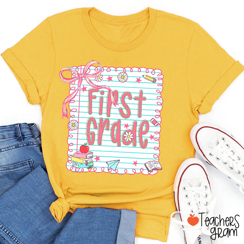Personalized Grade Pink Bow Notebook Teacher T-Shirt