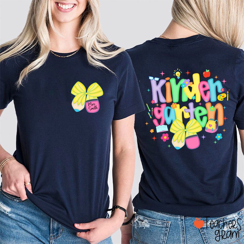 Personalized Name And Grade Pencil Bow Candy Color Fonts Teacher Two Sided T-Shirt