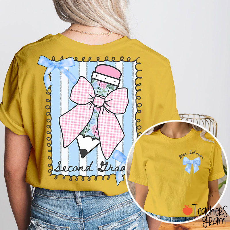 Personalized Grade And Name Flower Pencil Checkered Bow Teacher Two Sided T-Shirt