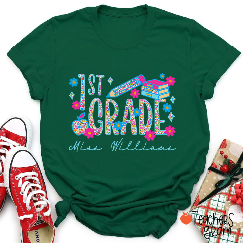 Personalized Grade And Name Flower Fonts Apple Pencil Teacher T-Shirt
