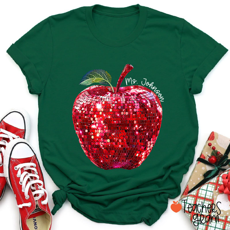 Personalized Red Glitter Apple And Name Teacher T-Shirt