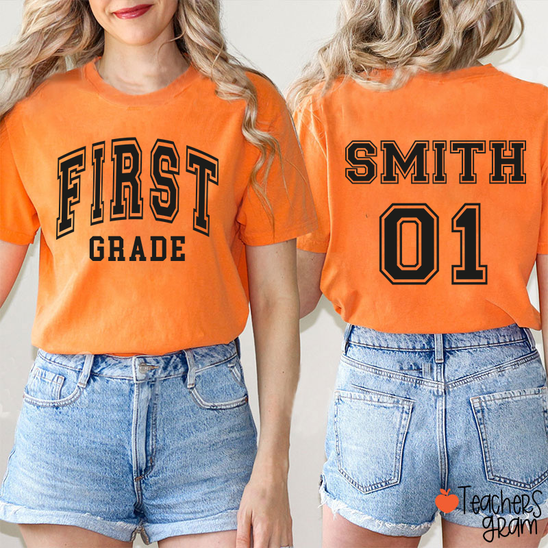 Personalized Grade And Name Simple Fonts Back To School Teacher Two Sided T-Shirt