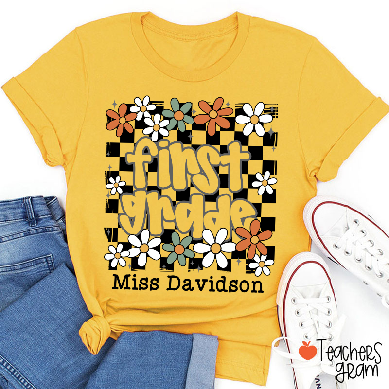Personalized Text And Name Checkered Flowers Teacher T-Shirt