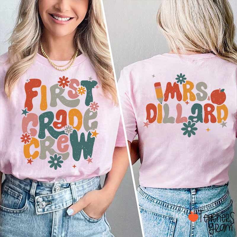 Personalized Name And Grade Bloom Flowers Teacher Two Sided T-Shirt