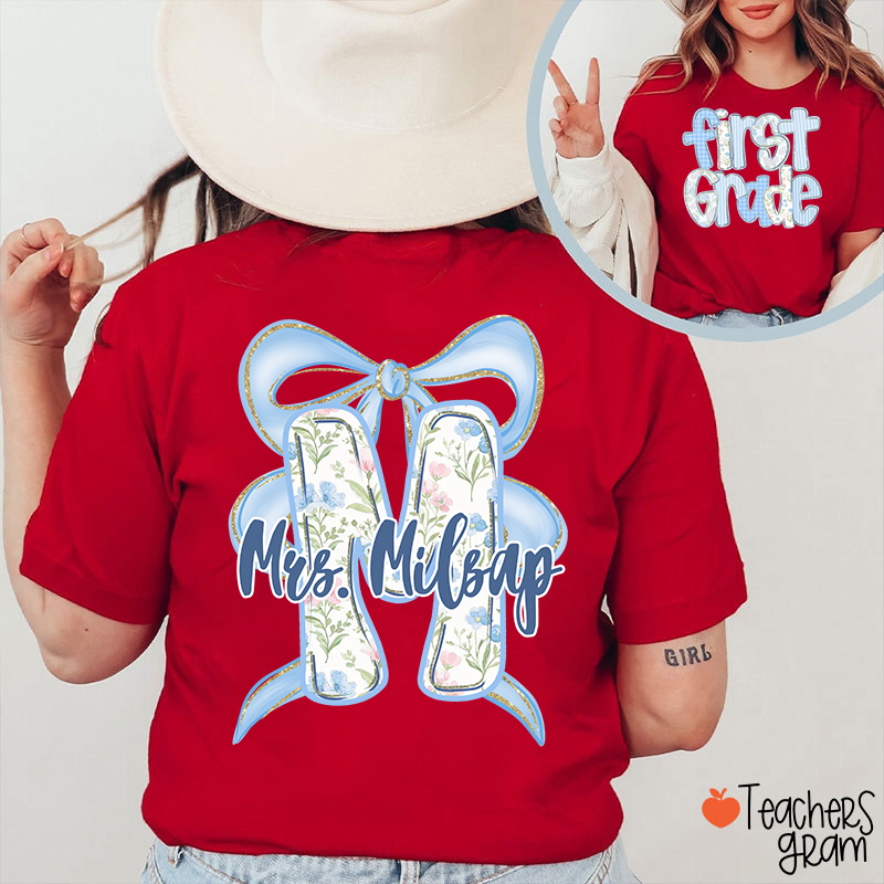 Personalized Grade And Name Initials Blue Bow Teacher Two Sided T-Shirt