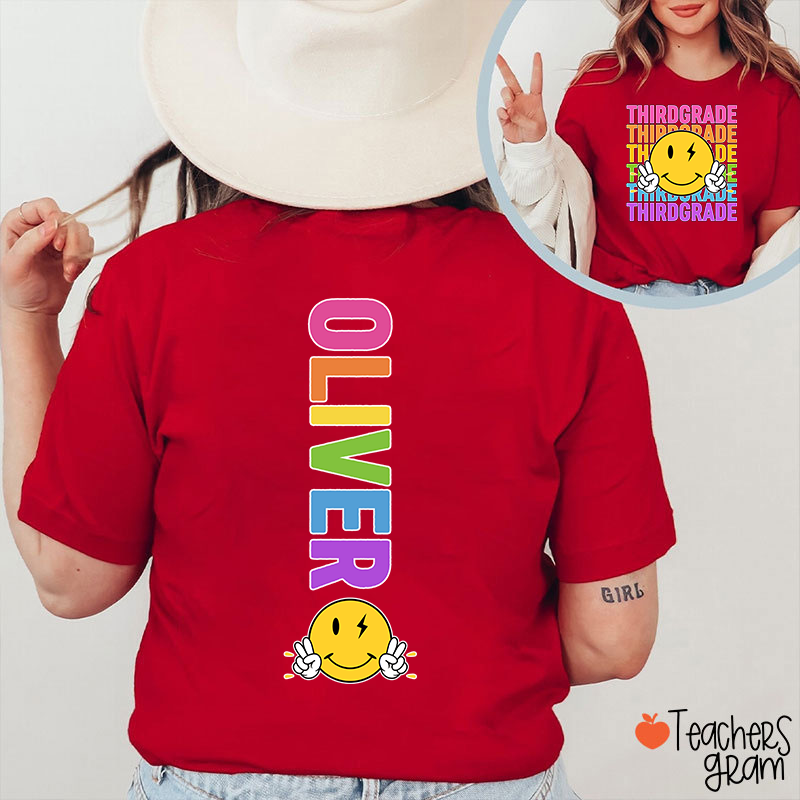 Personalized Grade And Name Smiley Face Teacher Two Sided T-Shirt