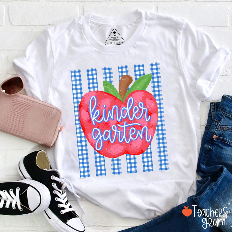 Personalized Grade Blue Gingham Stripes Teacher T-Shirt