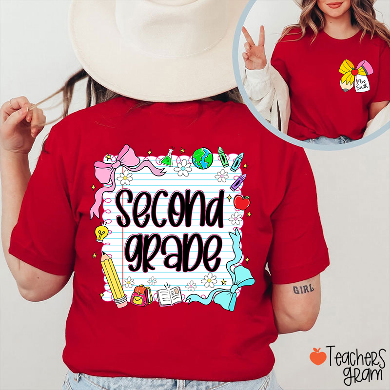 Personalized Grade And Name Pencil Bow Notebook Teacher Two Sided T-Shirt