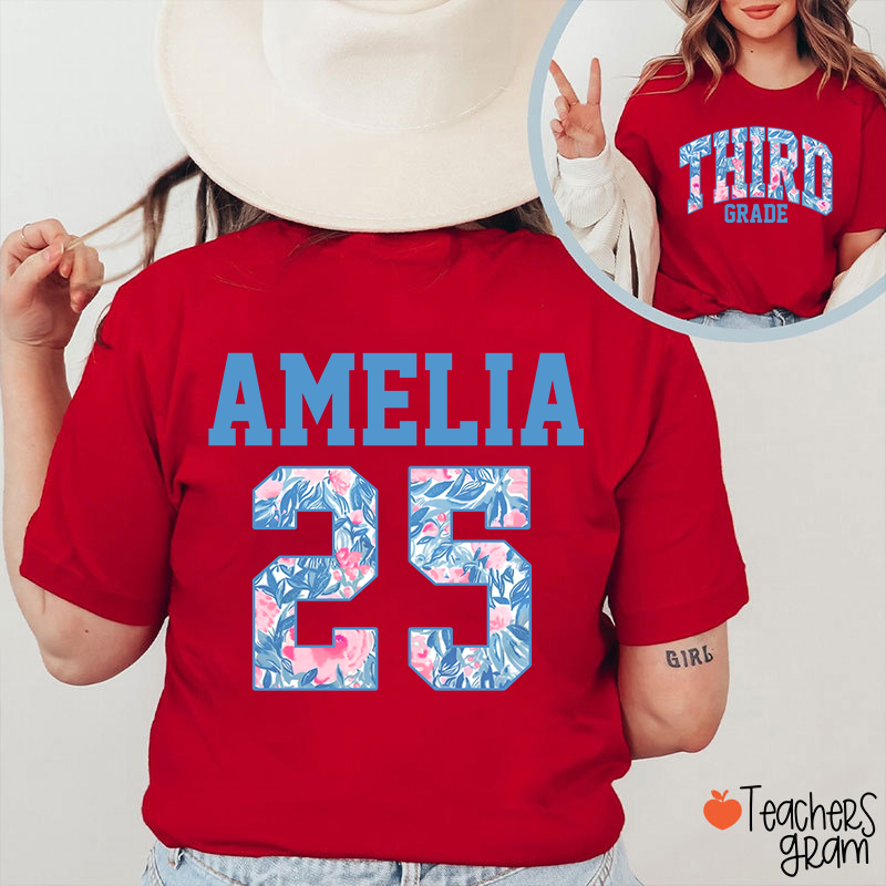 Personalized Flower And Leaf Pattern Text And Numbers Teacher Two Sided T-Shirt