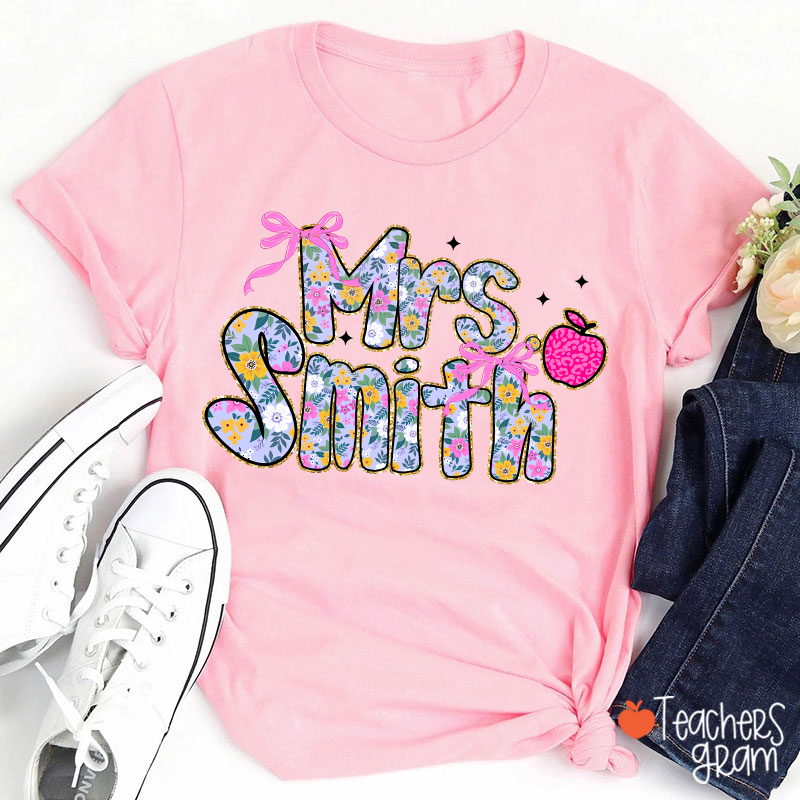 Personalized Name Apple Bow Floral Star Teacher T-Shirt