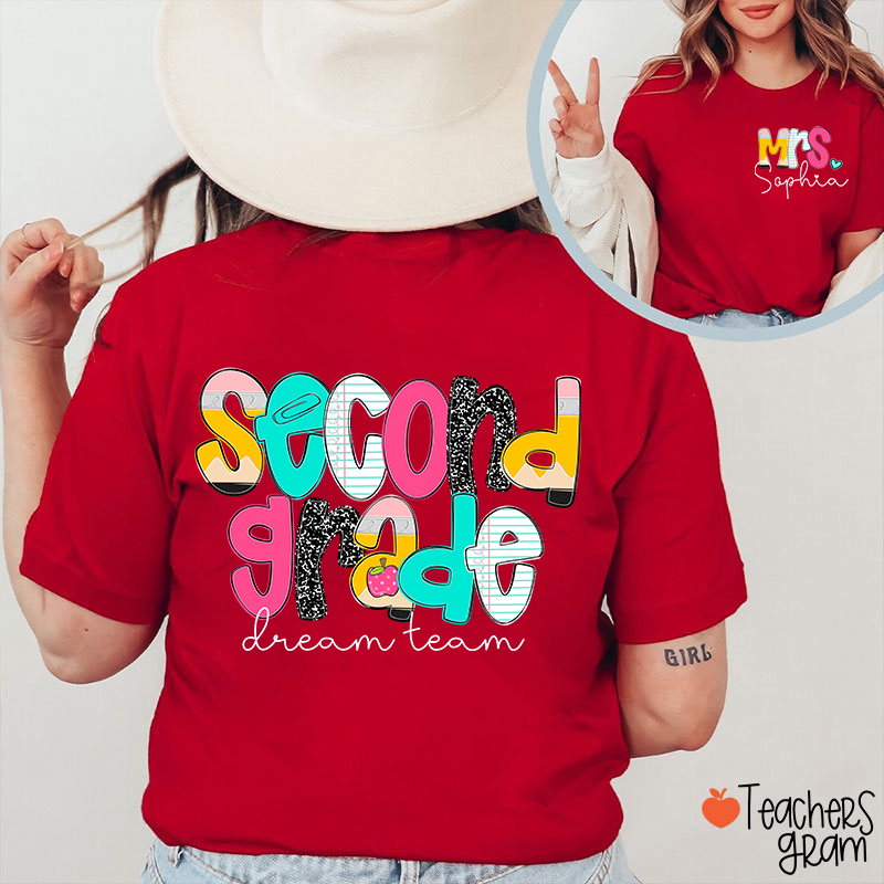 Personalized Grade And Name Pencil Notebook Teacher Two Sided T-Shirt