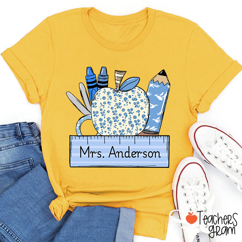 Personalized Name Blue Apple Pencil Crayon Scissors Ruler Teacher T-Shirt
