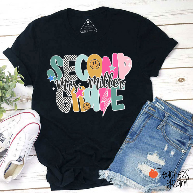 Personalized Grade Checkered Smiley Lightning Teacher T-Shirt