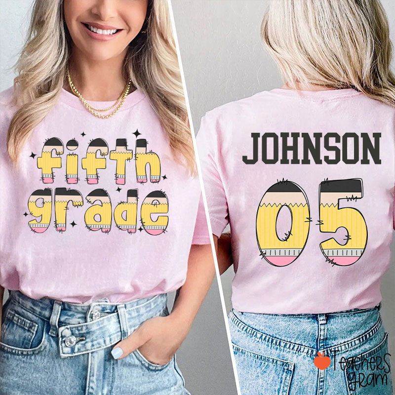 Personalized Pencil Pattern Letters And Numbers Teacher Two Sided T-Shirt