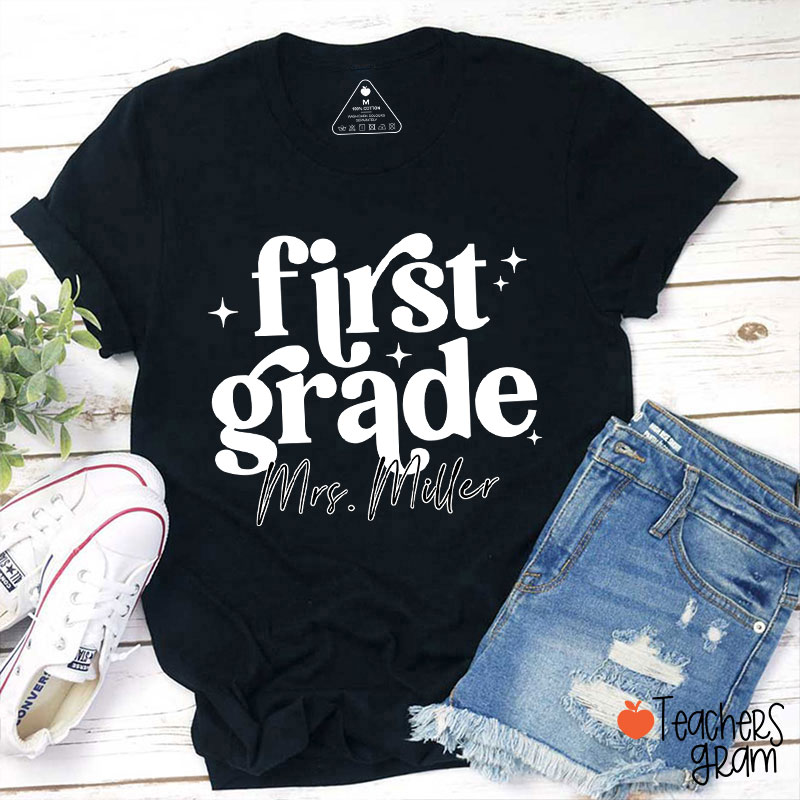 Personalized Grade Name Monochrome Stars Teacher T-Shirt