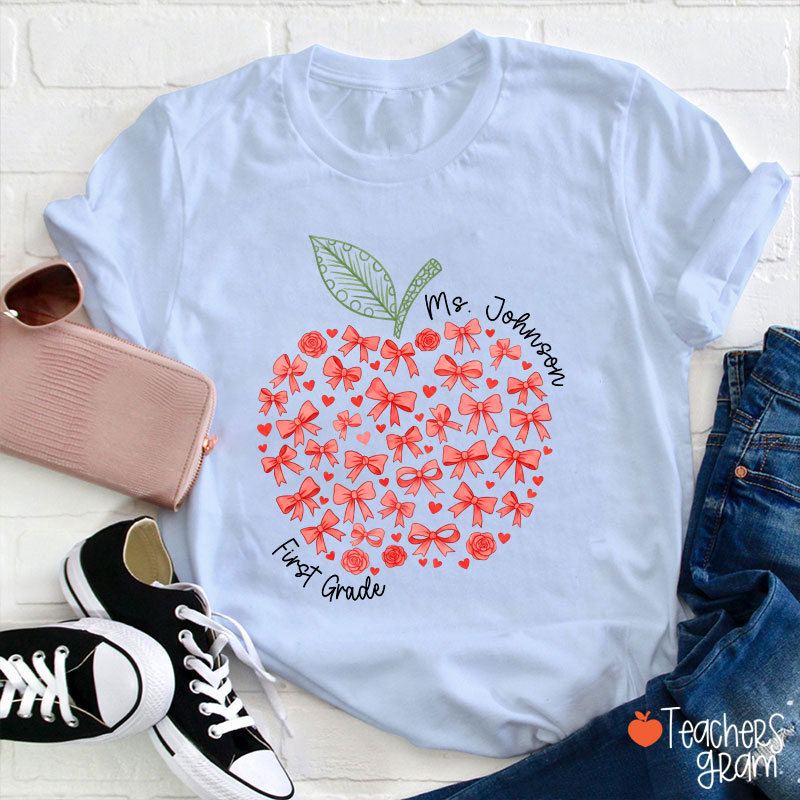 Personalized Name Or Grade Bow Apple Teacher T-Shirt