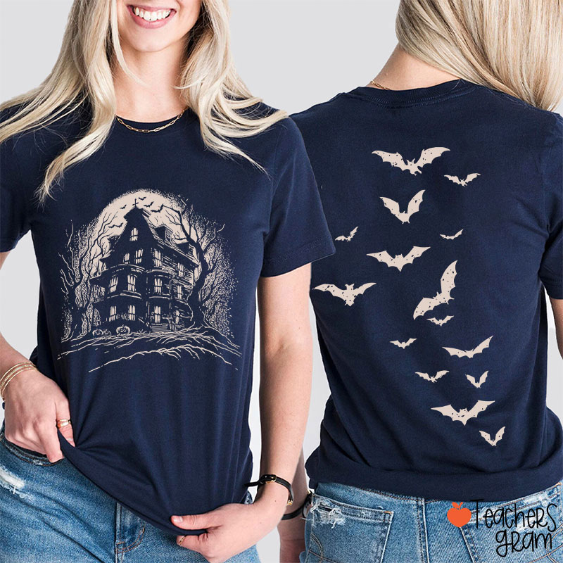 Vintage Haunted House Spooky Season Teacher Two Sided T-Shirt