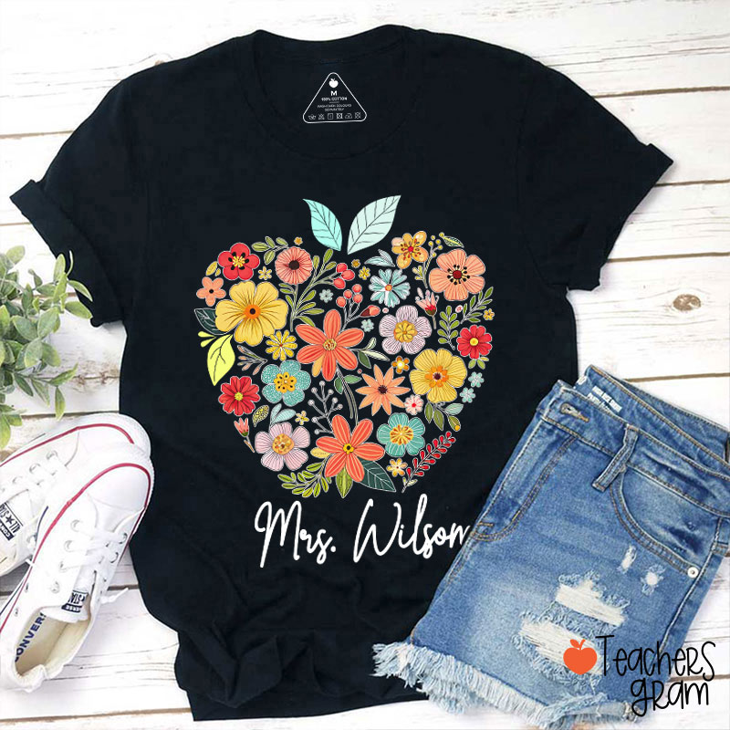 Personalized Floral Apple Name Teacher T-Shirt