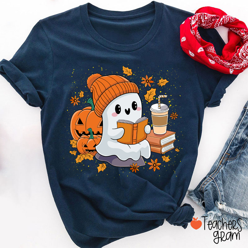 Reading Ghost Pumpkin Halloween Teacher T-Shirt