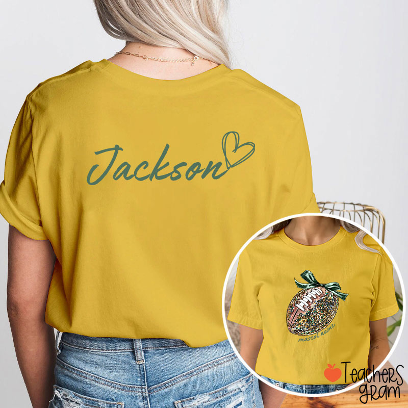 Personalized Mascot And Sport Faux Glitter Coquette Bow Teacher Two Sided T-Shirt