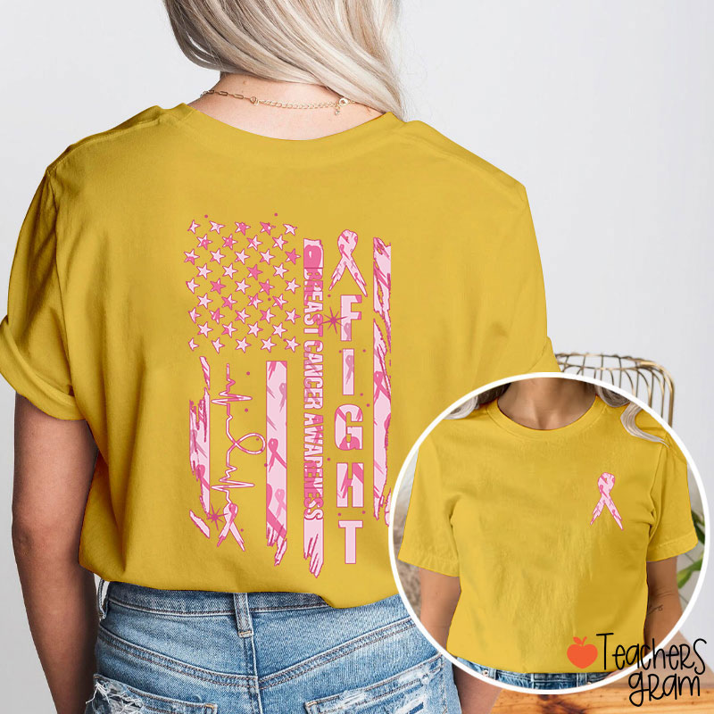 Pink Ribbon Fight Breast Cancer Awareness Teacher Two Sided T-Shirt