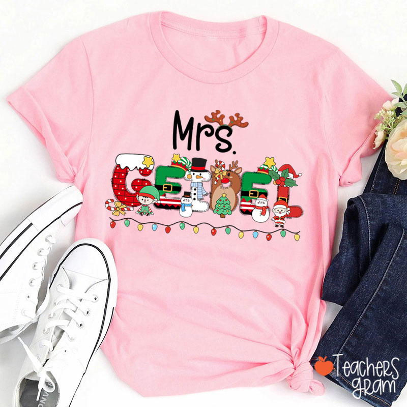 Personalized Name Christmas Lights Teacher T-Shirt