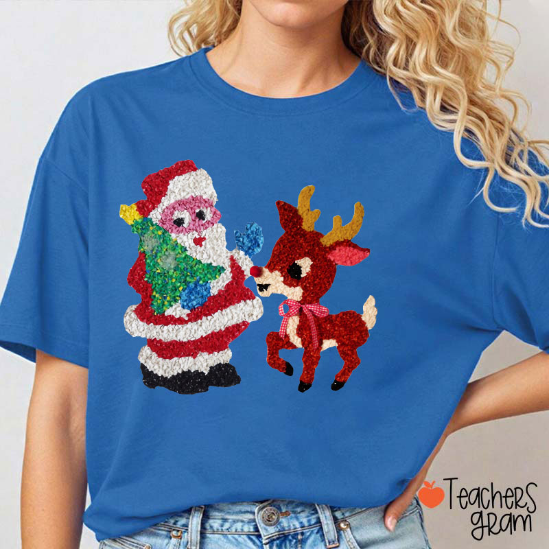 Santa And Rudolph Faux Melted Plastic Teacher T-Shirt