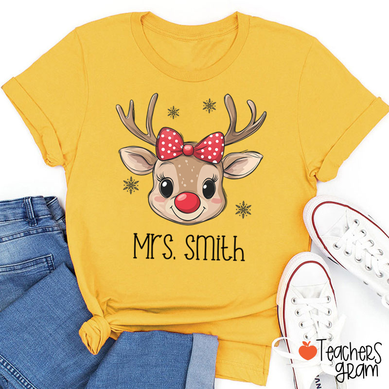 Personalized Name Cute Bow Reindeer Teacher T-Shirt