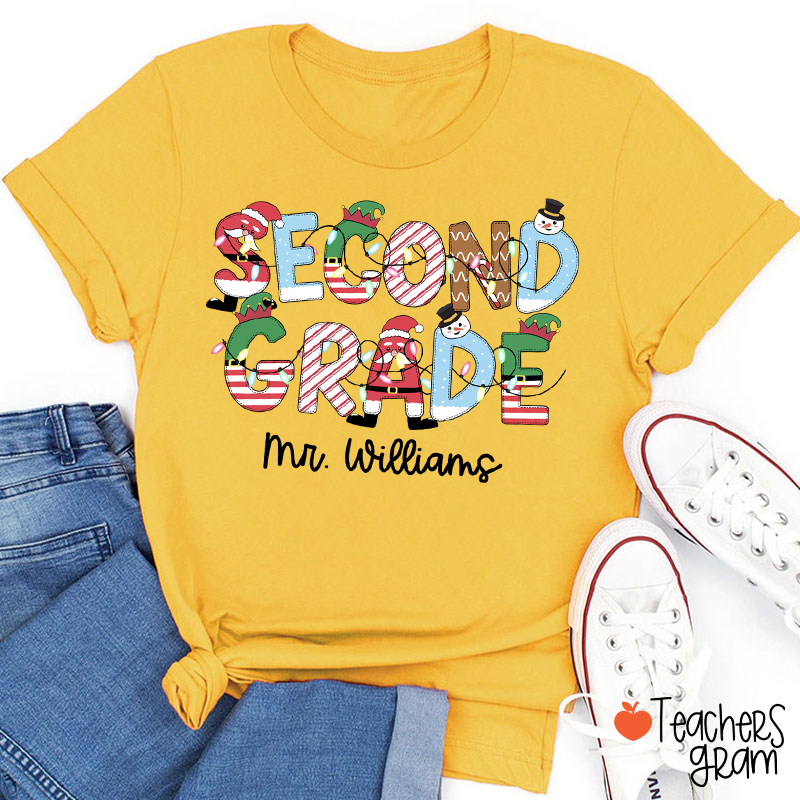 Personalized Grade And Name Christmas Teacher T-Shirt