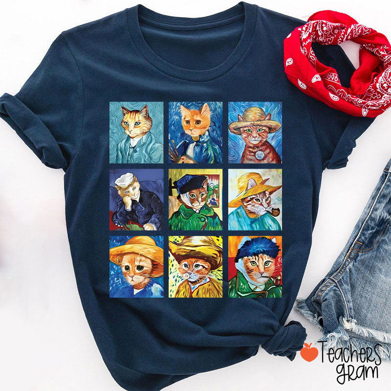 Funny Cats Painting Van Gogh Art Lover Teacher T-Shirt