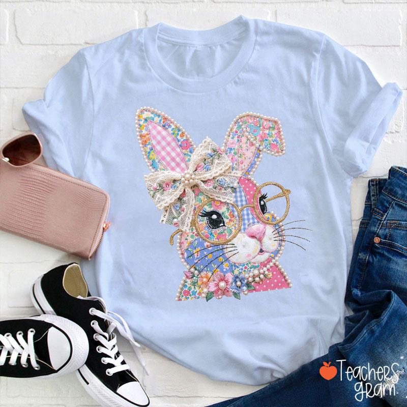 Faux Patchwork Bunny Teacher T-Shirt