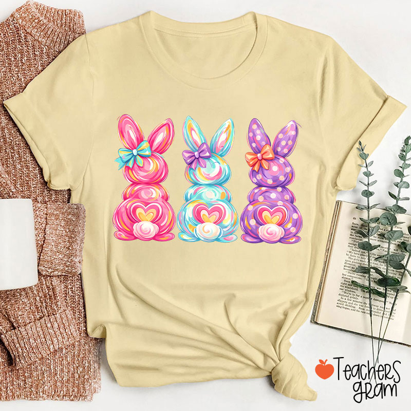 Bright Color Bunnies Easter Vibe Teacher T-Shirt