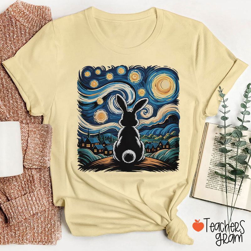 Starry Night Van Gogh Rabbit Teacher T-Shirt