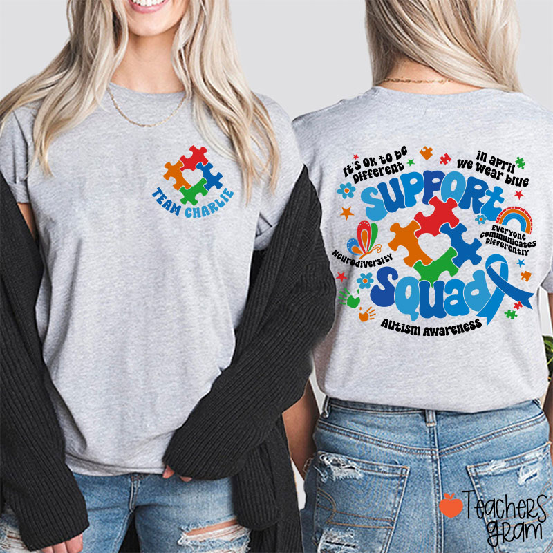 Personalized Name Autism Awareness Support Squad Teacher Two Sided T-Shirt