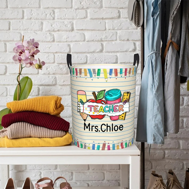 Personalized Name Letter Pencil Apple Theme Waterproof Laundry Storage Basket