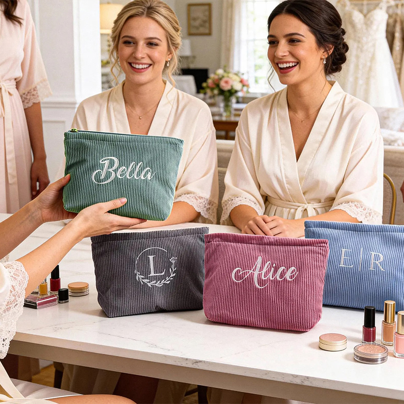 Personalized Name Embroidered Corduroy Preppy Teacher Makeup Bag