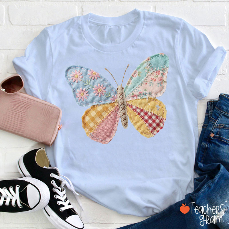 Faux Patchwork Butterfly Teacher T-Shirt
